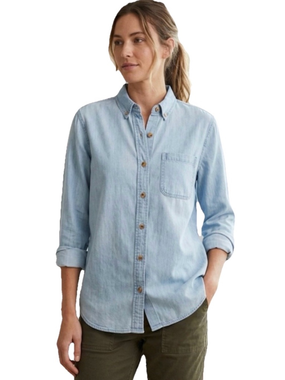 Outerknown Light Blue Wash Denim Button Up Organic Cotton Shirt Size Small